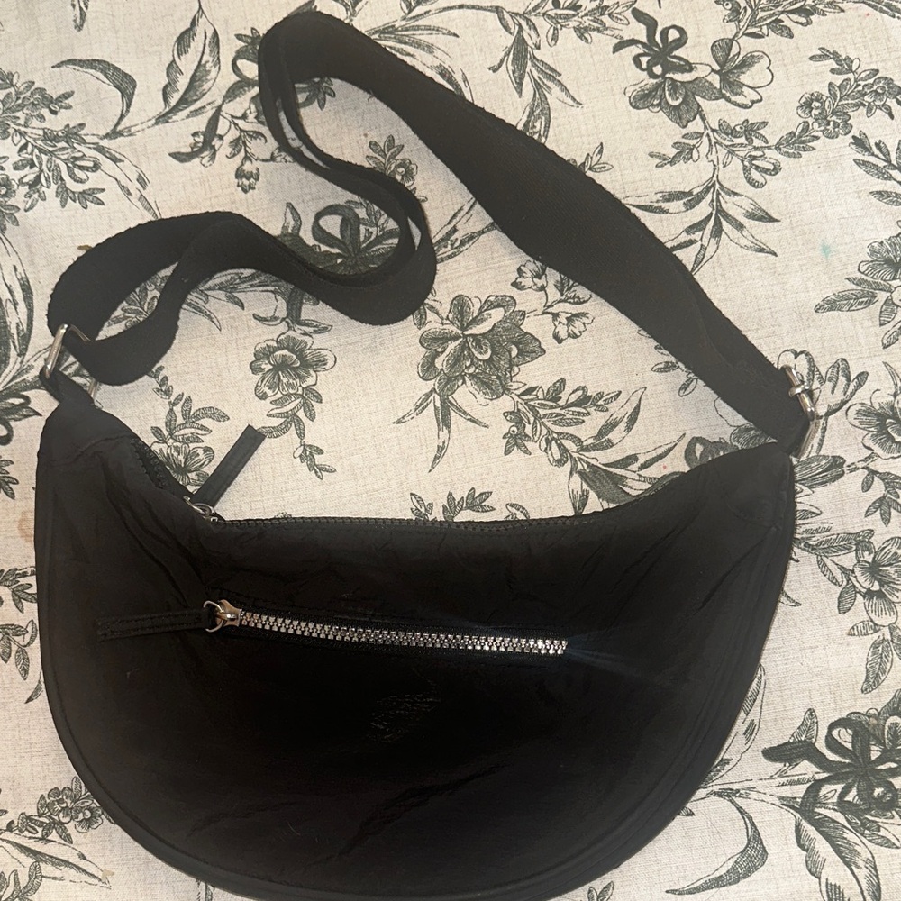 Black Crescent Crossbody Bag with Silver Zip